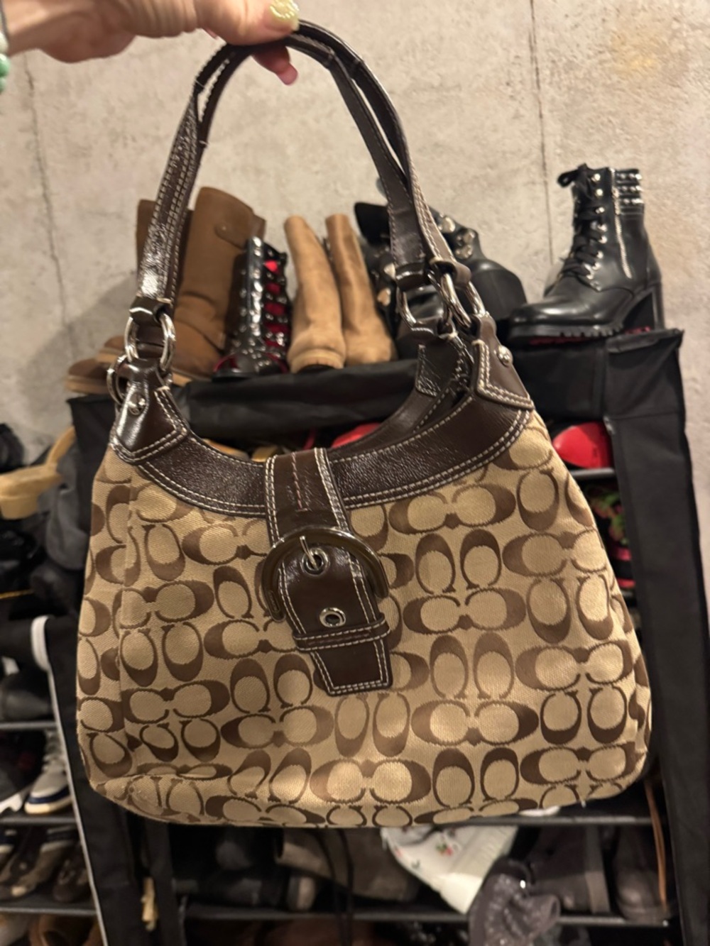 Coach Brown Signature Canvas Shoulder Bag with Dark Brown Trim